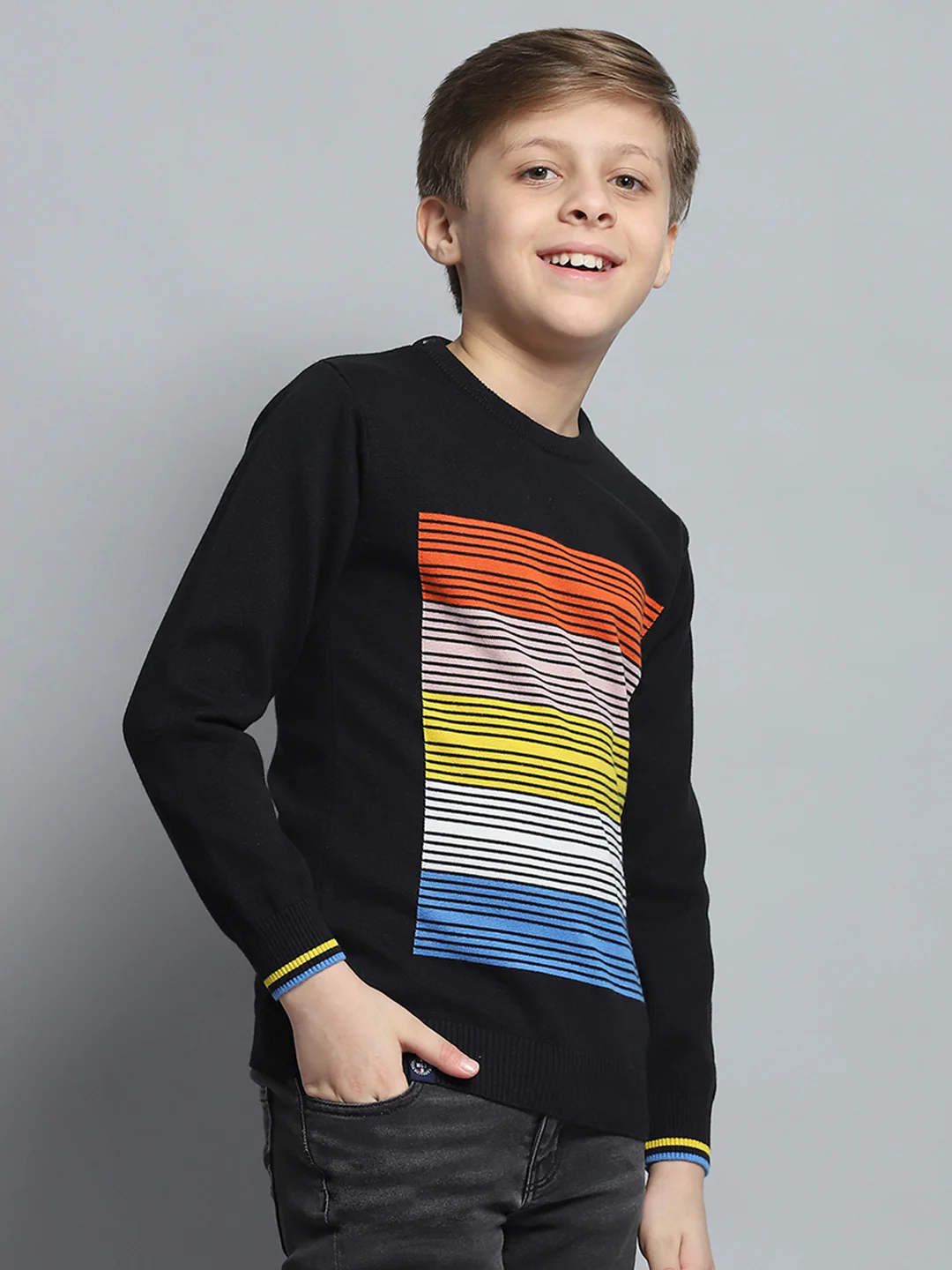 Boys Black Self Design Round Neck Full Sleeve Pullover - Image 4
