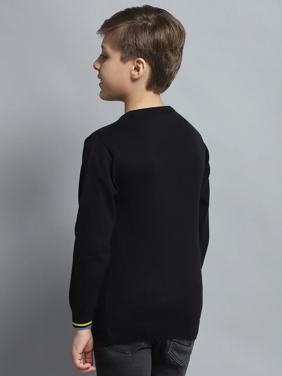 Boys Black Self Design Round Neck Full Sleeve Pullover - Image 5