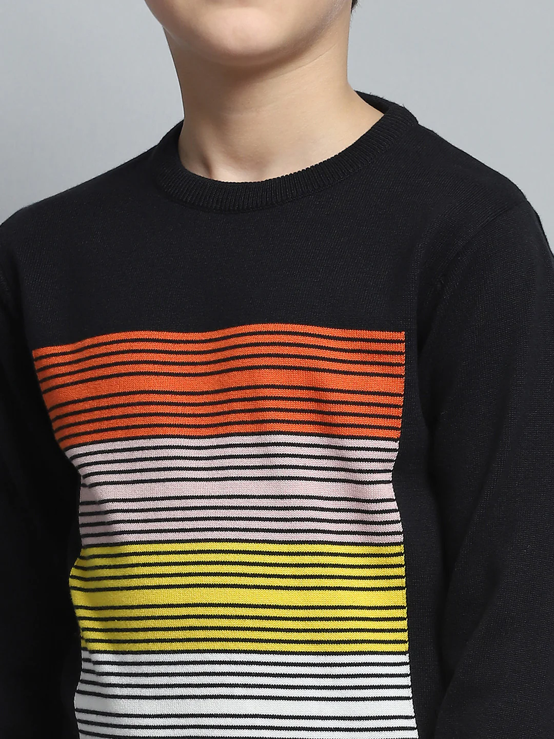 Boys Black Self Design Round Neck Full Sleeve Pullover - Image 6