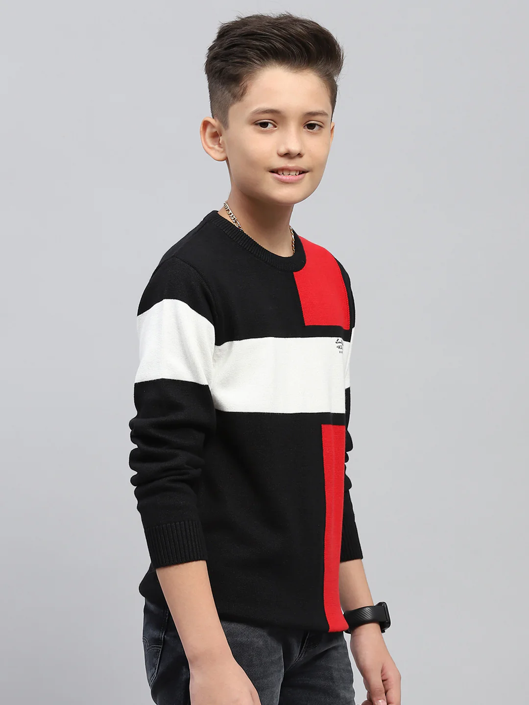 Boys Black Self Design Round Neck Full Sleeve Pullover - Image 4