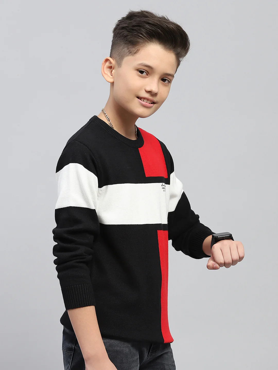 Boys Black Self Design Round Neck Full Sleeve Pullover - Image 6