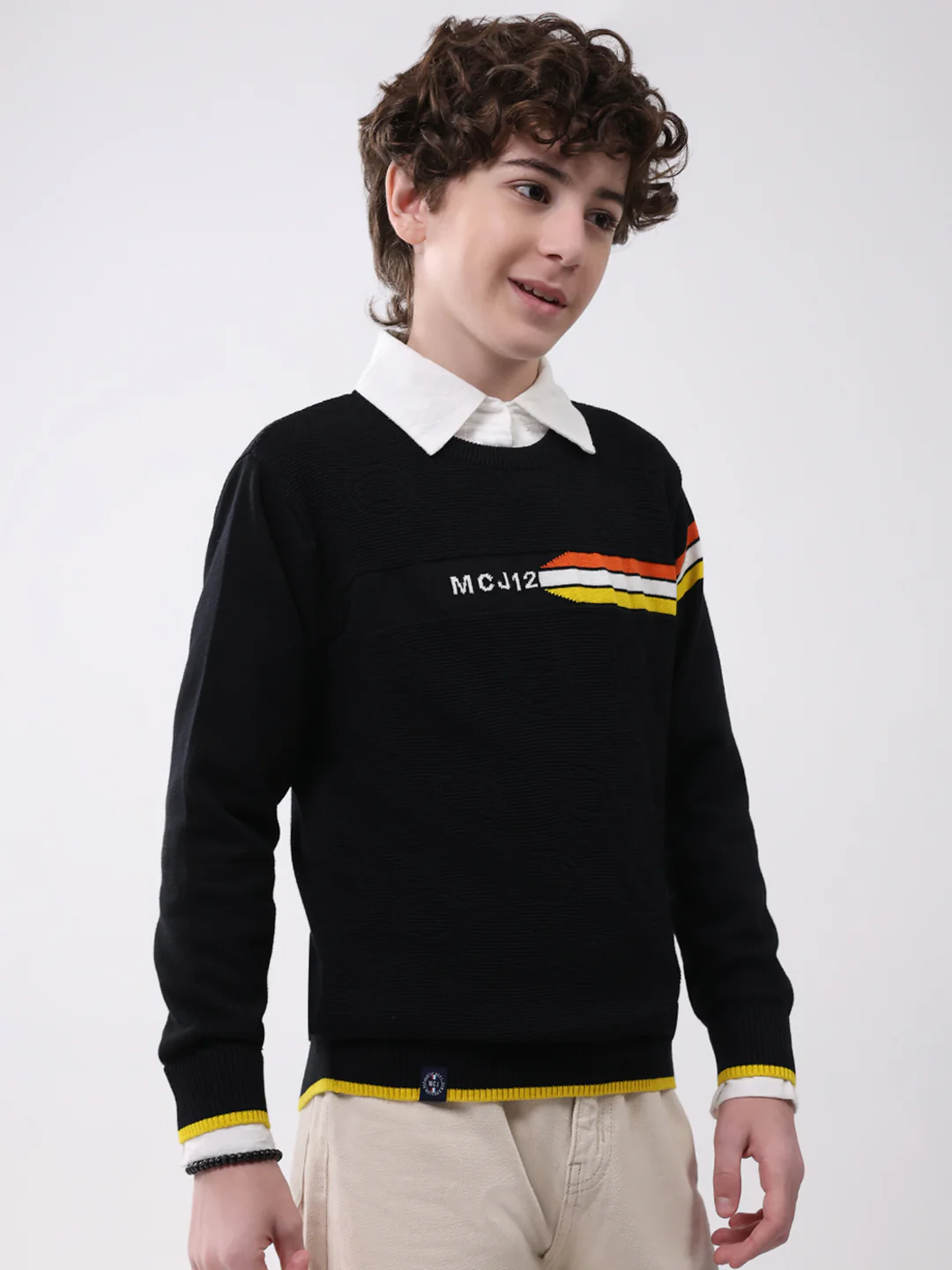 Boys Black Self Design Round Neck Full Sleeve Pullover - Image 4