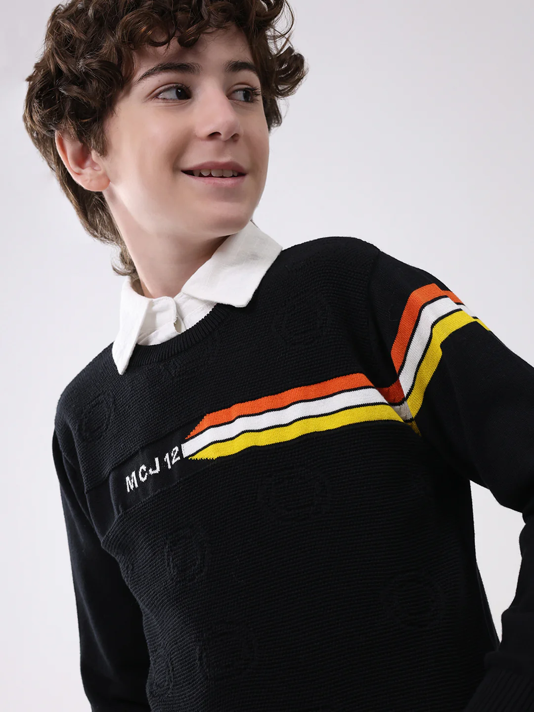 Boys Black Self Design Round Neck Full Sleeve Pullover - Image 6