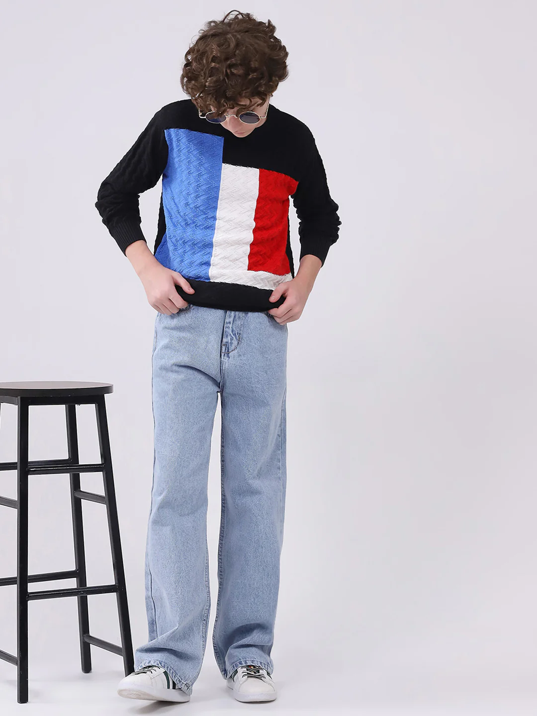 Boys Black Self Design Round Neck Full Sleeve Pullover - Image 2