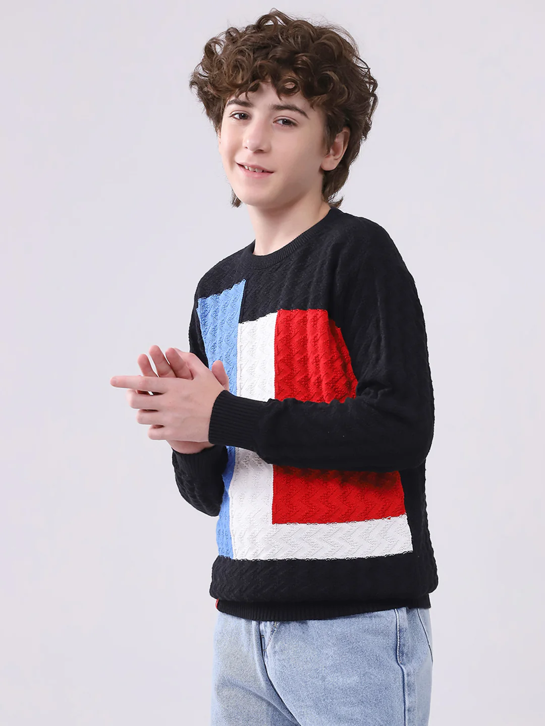 Boys Black Self Design Round Neck Full Sleeve Pullover - Image 3