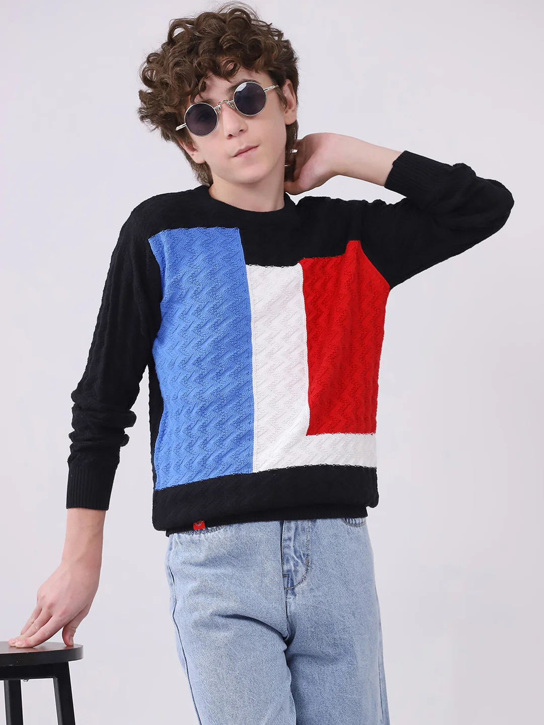 Boys Black Self Design Round Neck Full Sleeve Pullover - Image 6