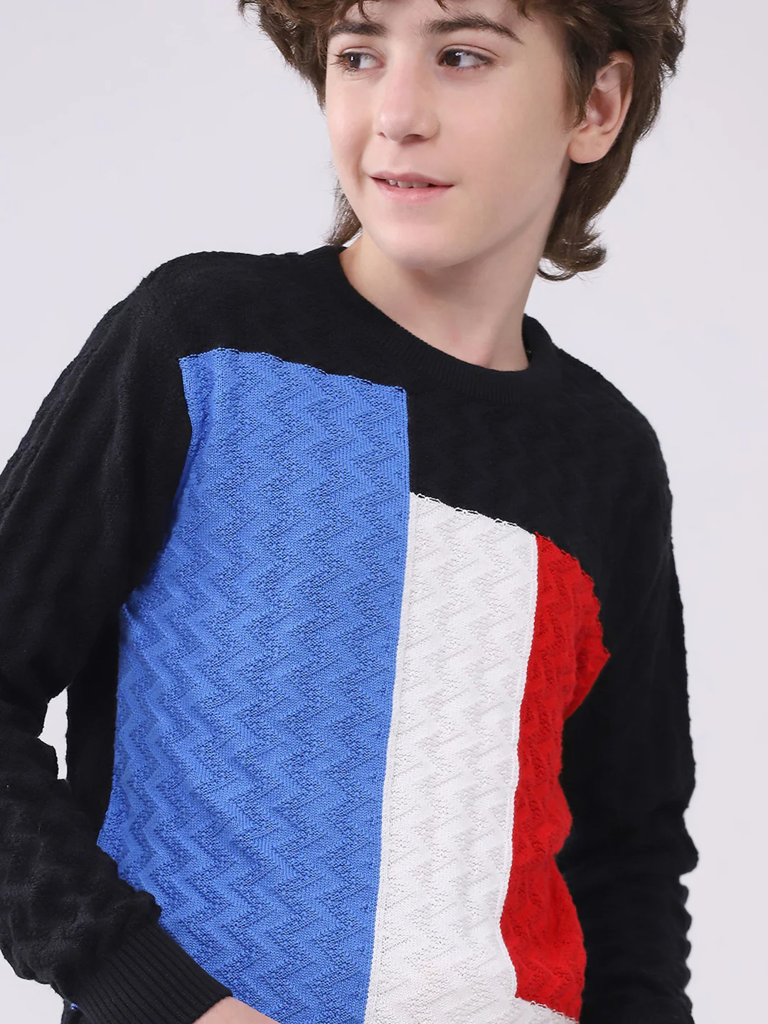 Boys Black Self Design Round Neck Full Sleeve Pullover - Image 7