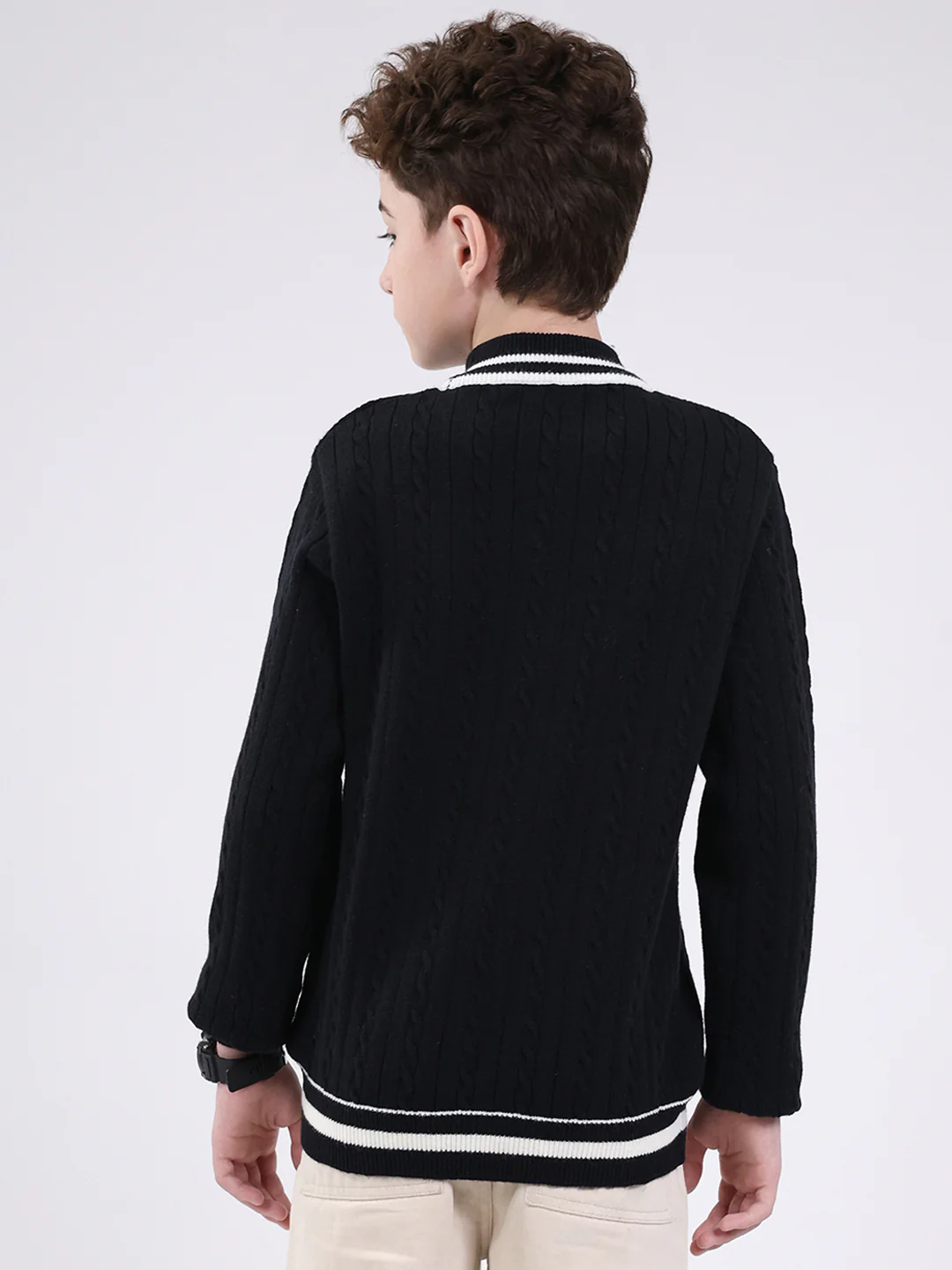 Boys Black Self Design Round Neck Full Sleeve Pullover - Image 5