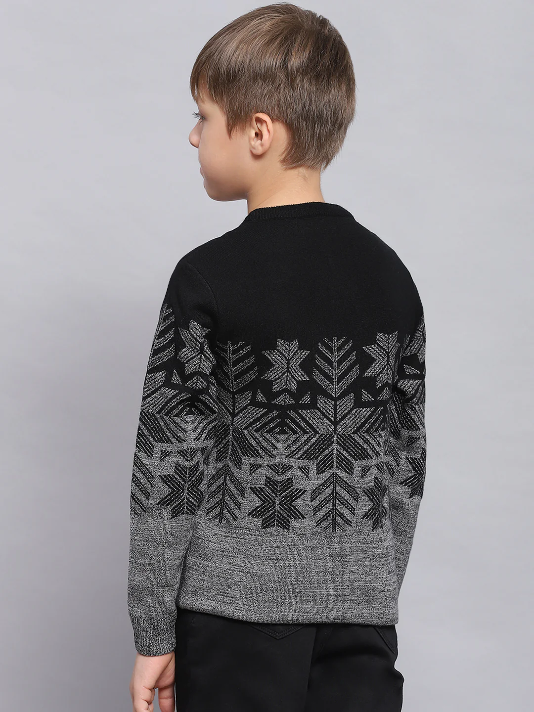 Boys Black Self Design Round Neck Full Sleeve Sweater - Image 5