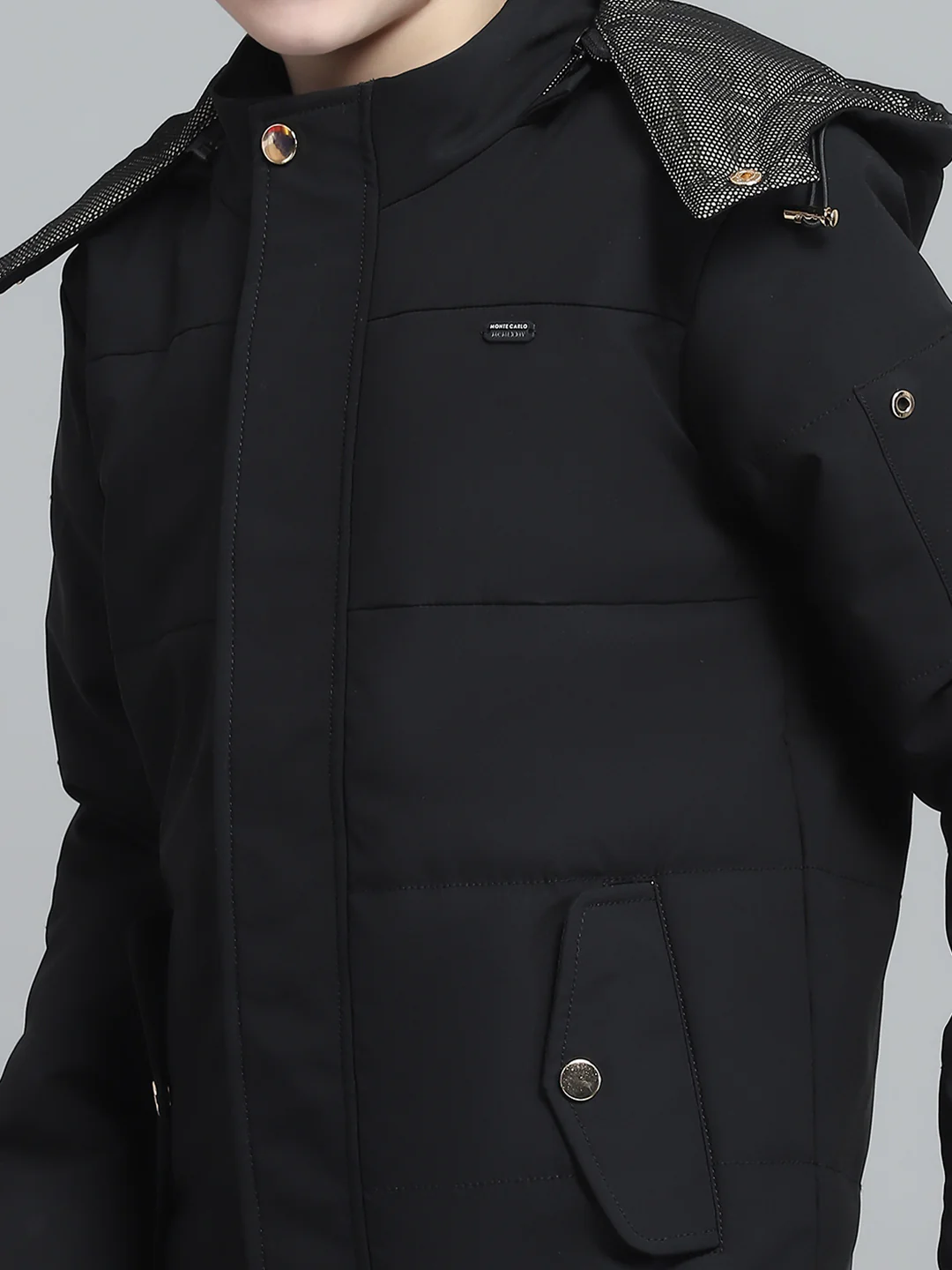 Boys Black Solid Hooded Full Sleeve Jacket - Image 8