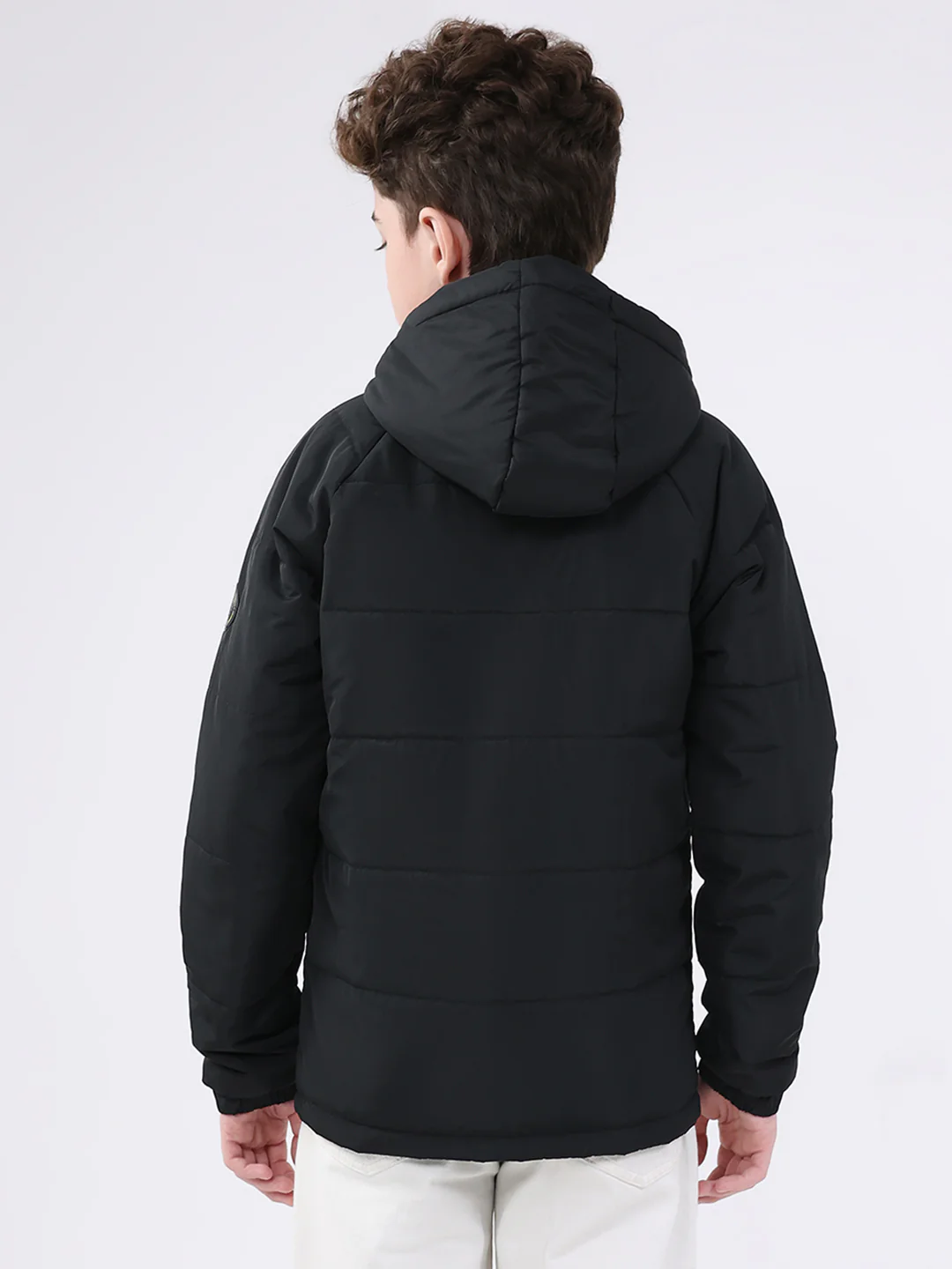 Boys Black Solid Hooded Full Sleeve Jacket - Image 5