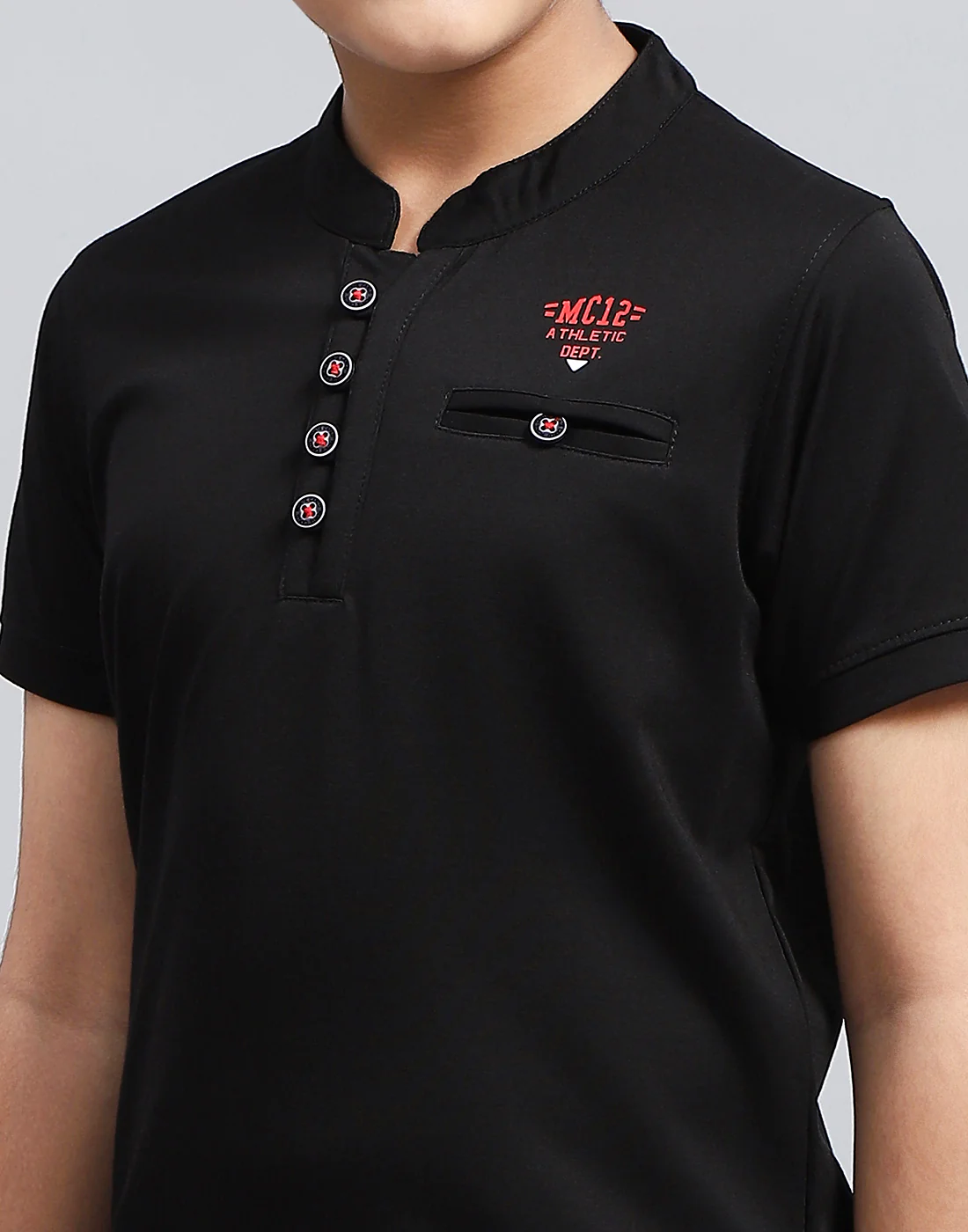Boys Black Solid Mandarin Neck Half Sleeve T-Shirt - Image 7