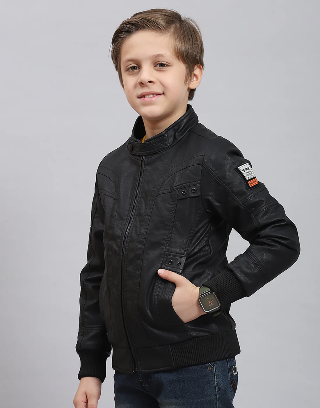 Boys Black Solid Stand Collar Full Sleeve Boys Jacket - Image 3