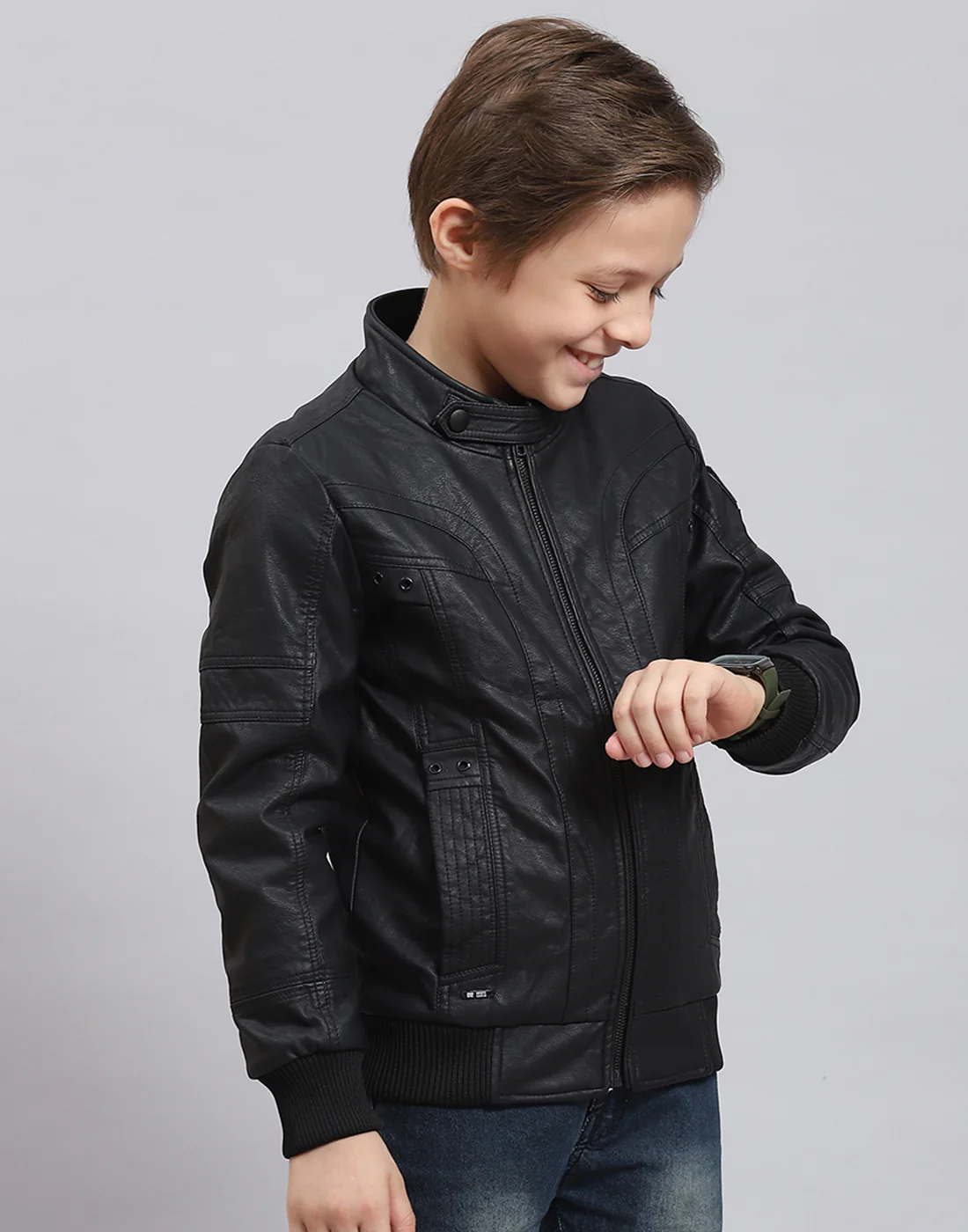 Boys Black Solid Stand Collar Full Sleeve Boys Jacket - Image 4