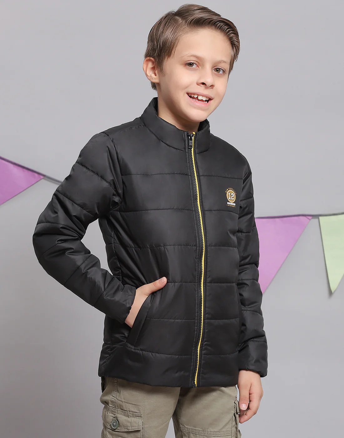 Boys Black Solid Stand Collar Full Sleeve Boys Jacket - Image 4