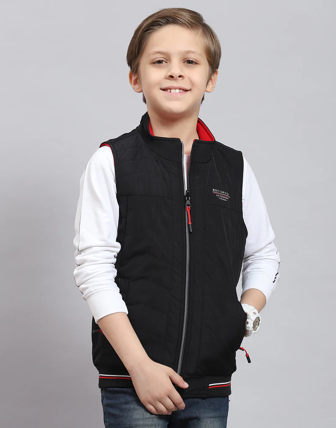 Boys Black Solid Stand Collar Sleeveless Boys Jacket - Image 2
