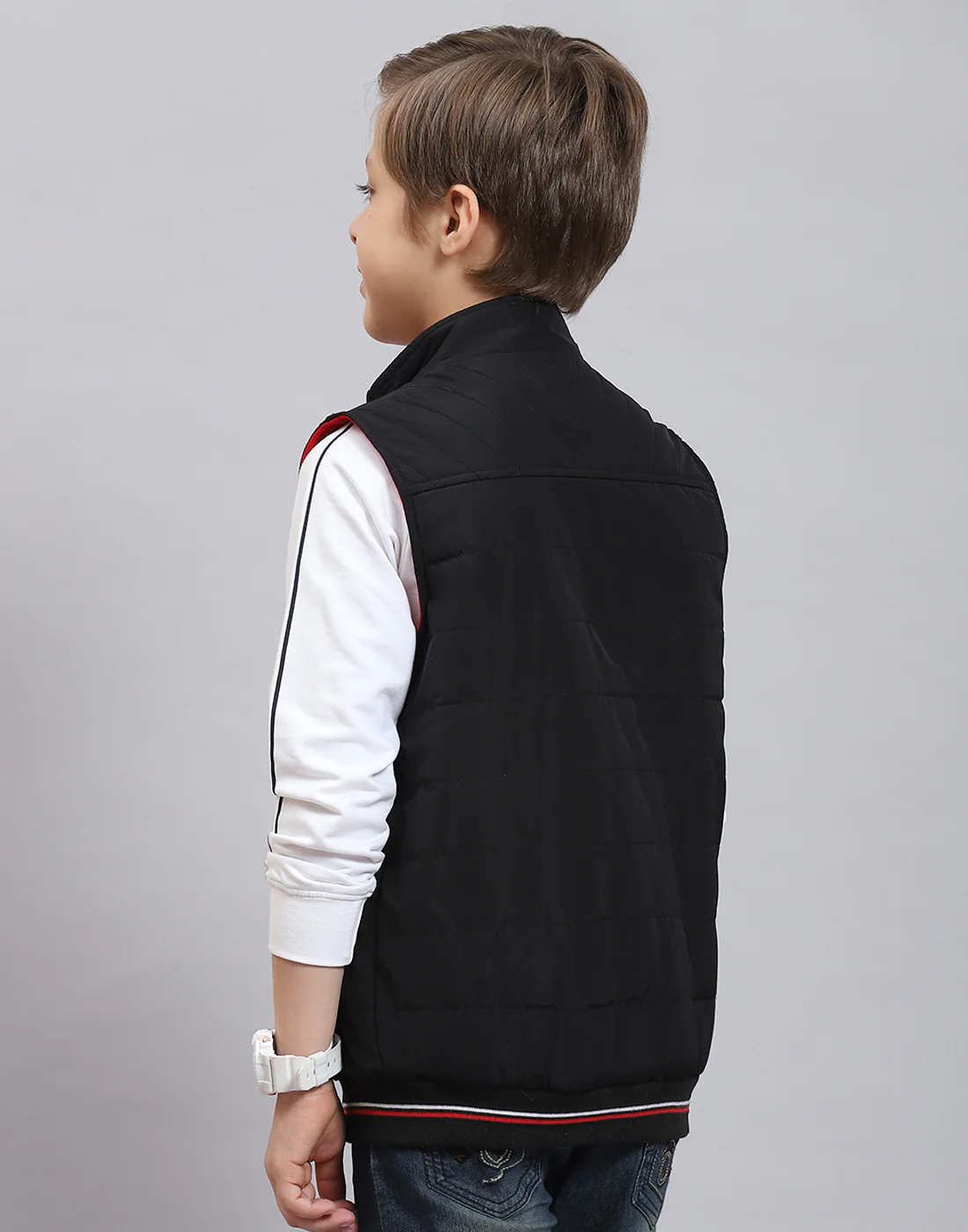 Boys Black Solid Stand Collar Sleeveless Boys Jacket - Image 6