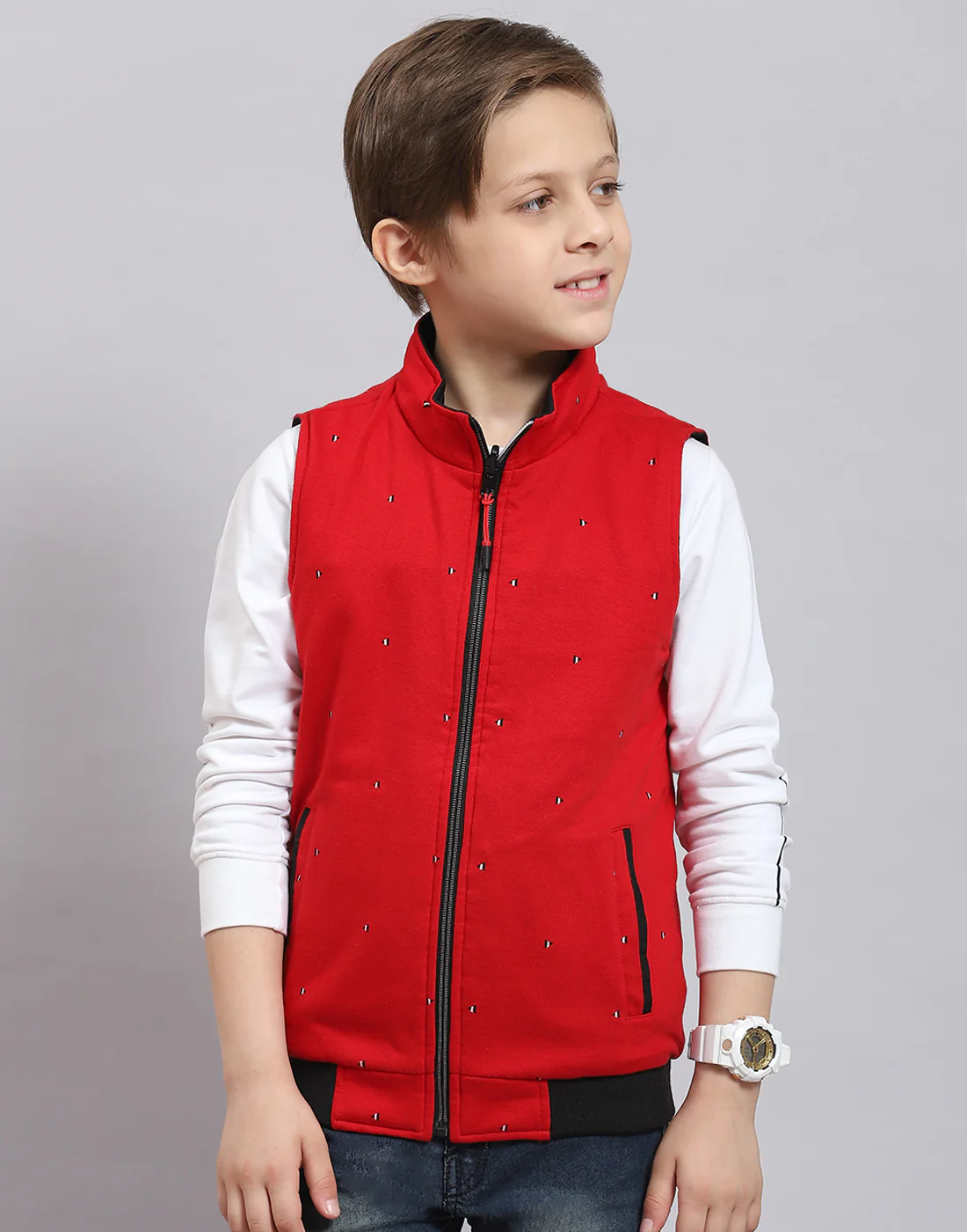 Boys Black Solid Stand Collar Sleeveless Boys Jacket - Image 7