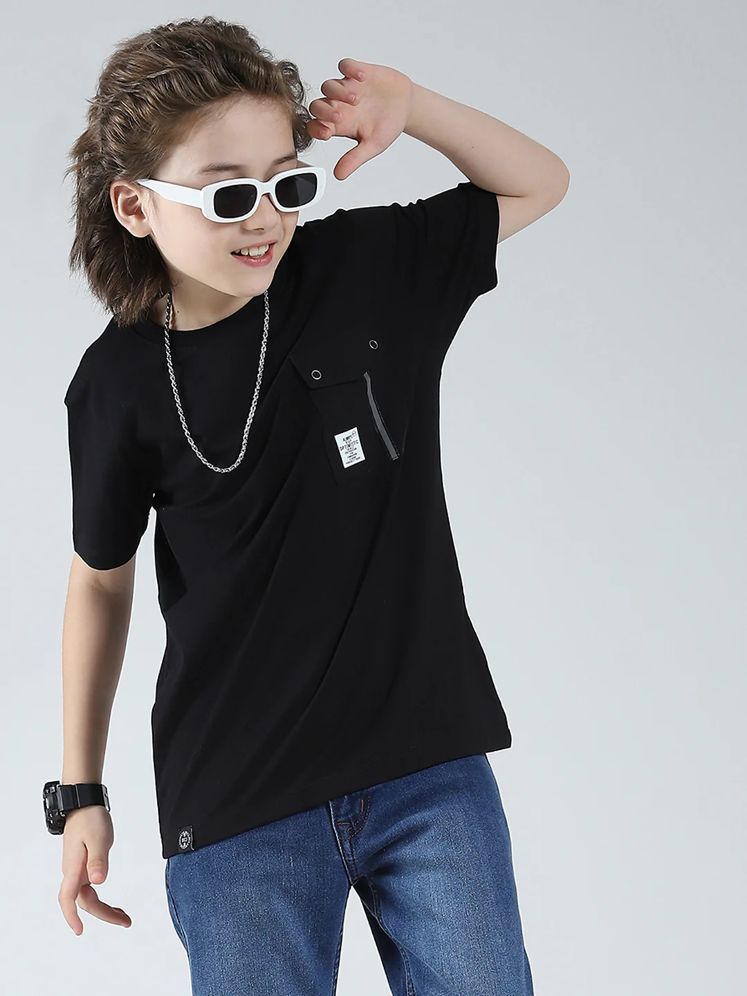 Boys Black Solid Round Neck Half Sleeve T-Shirt - Image 6