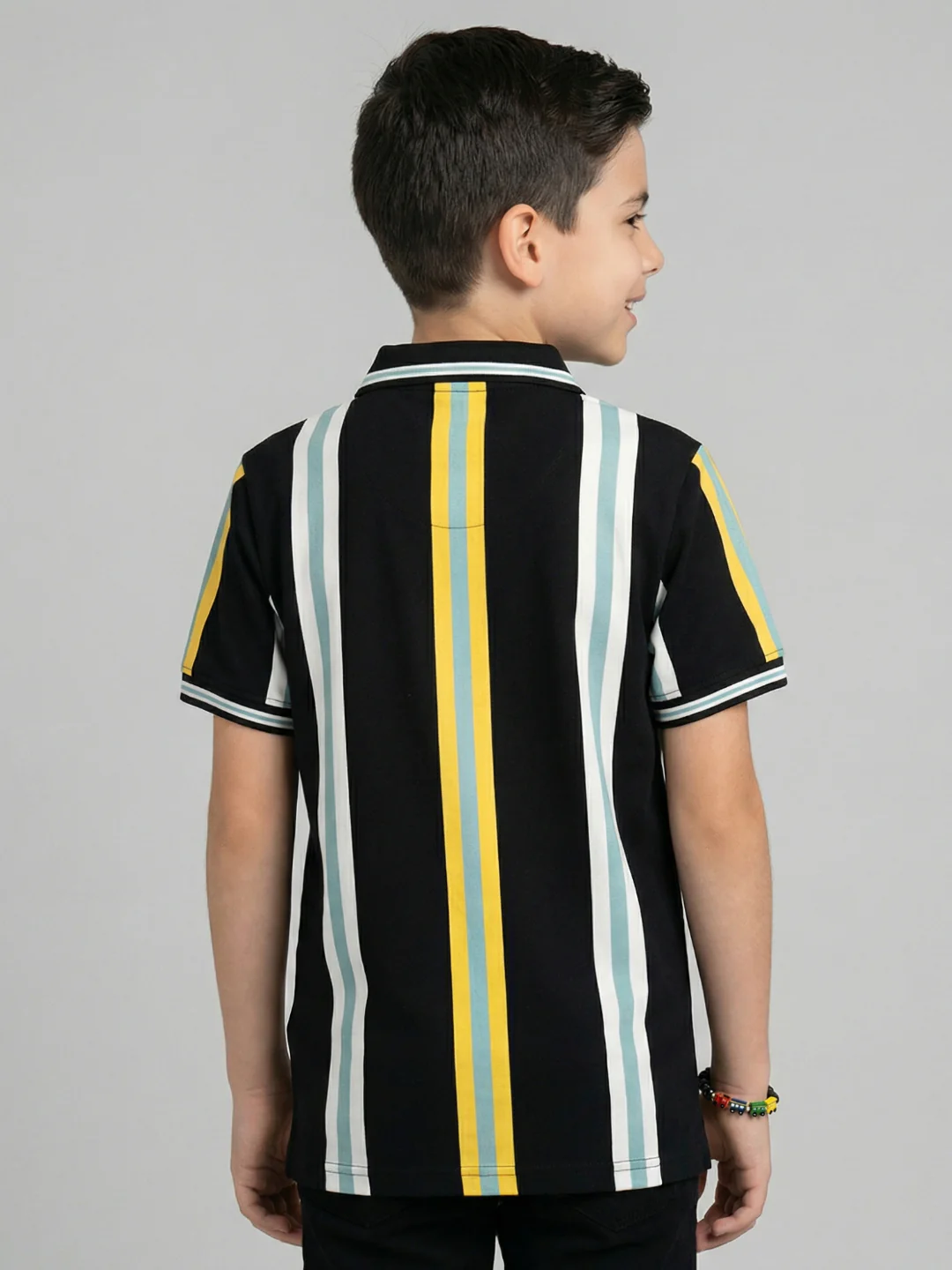 Boys Black Stripe Collar Half Sleeve T-Shirt - Image 4