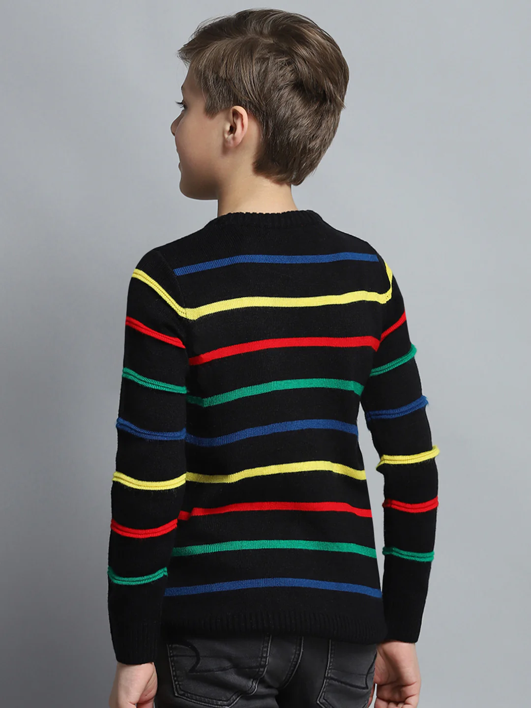 Boys Black Stripe Round Neck Full Sleeve Pullover - Image 5