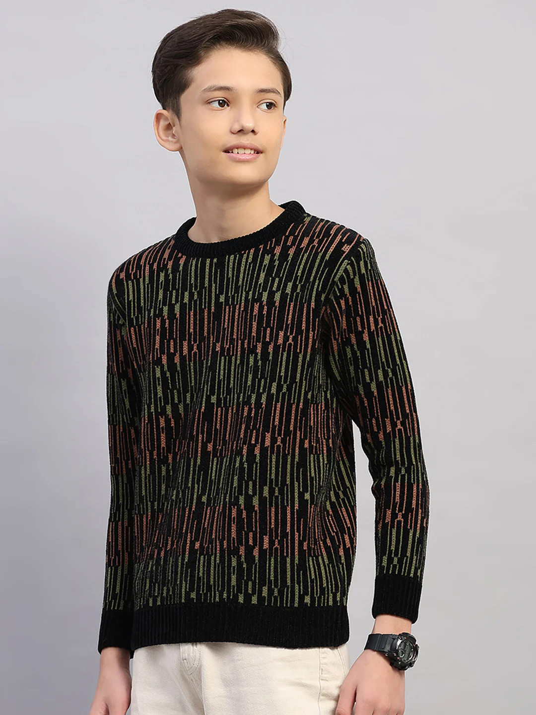 Boys Black Stripe Round Neck Full Sleeve Pullover - Image 3
