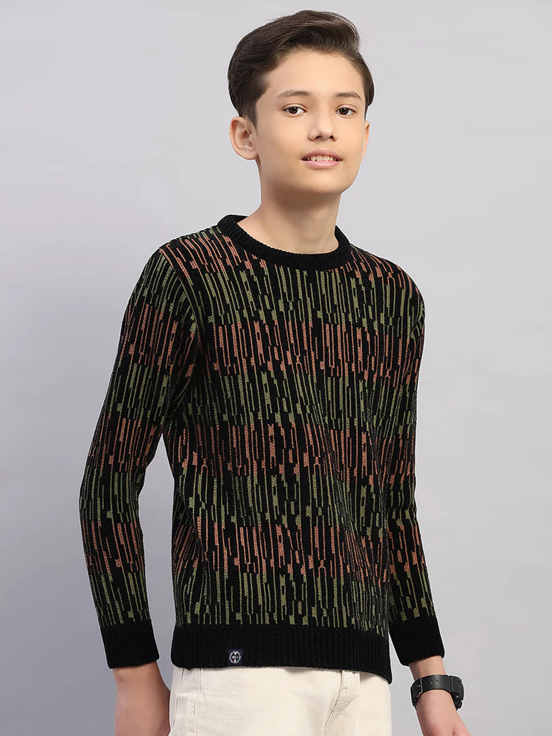 Boys Black Stripe Round Neck Full Sleeve Pullover - Image 4
