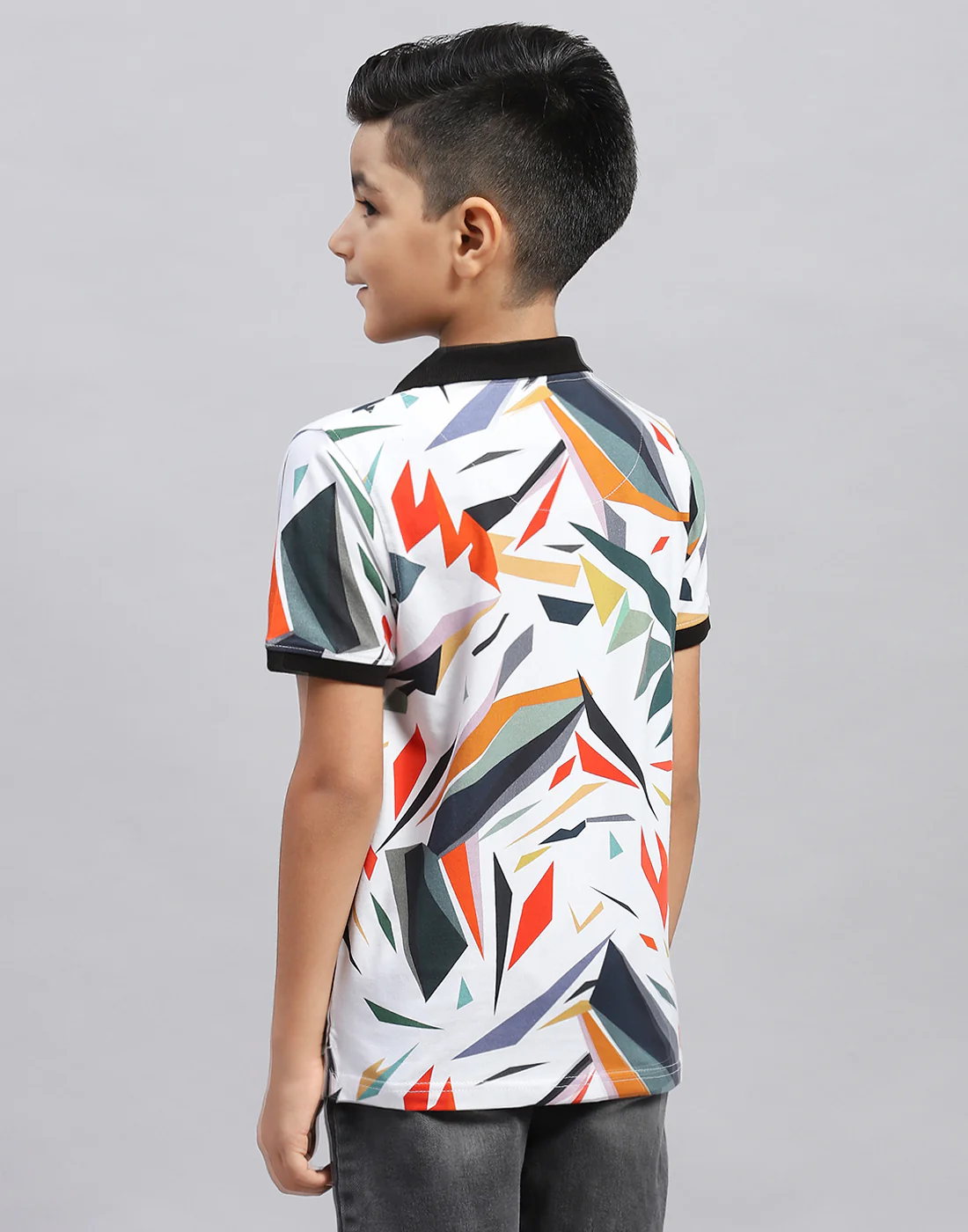 Boys Black & White Printed Polo Collar Half Sleeve T-Shirt - Image 5