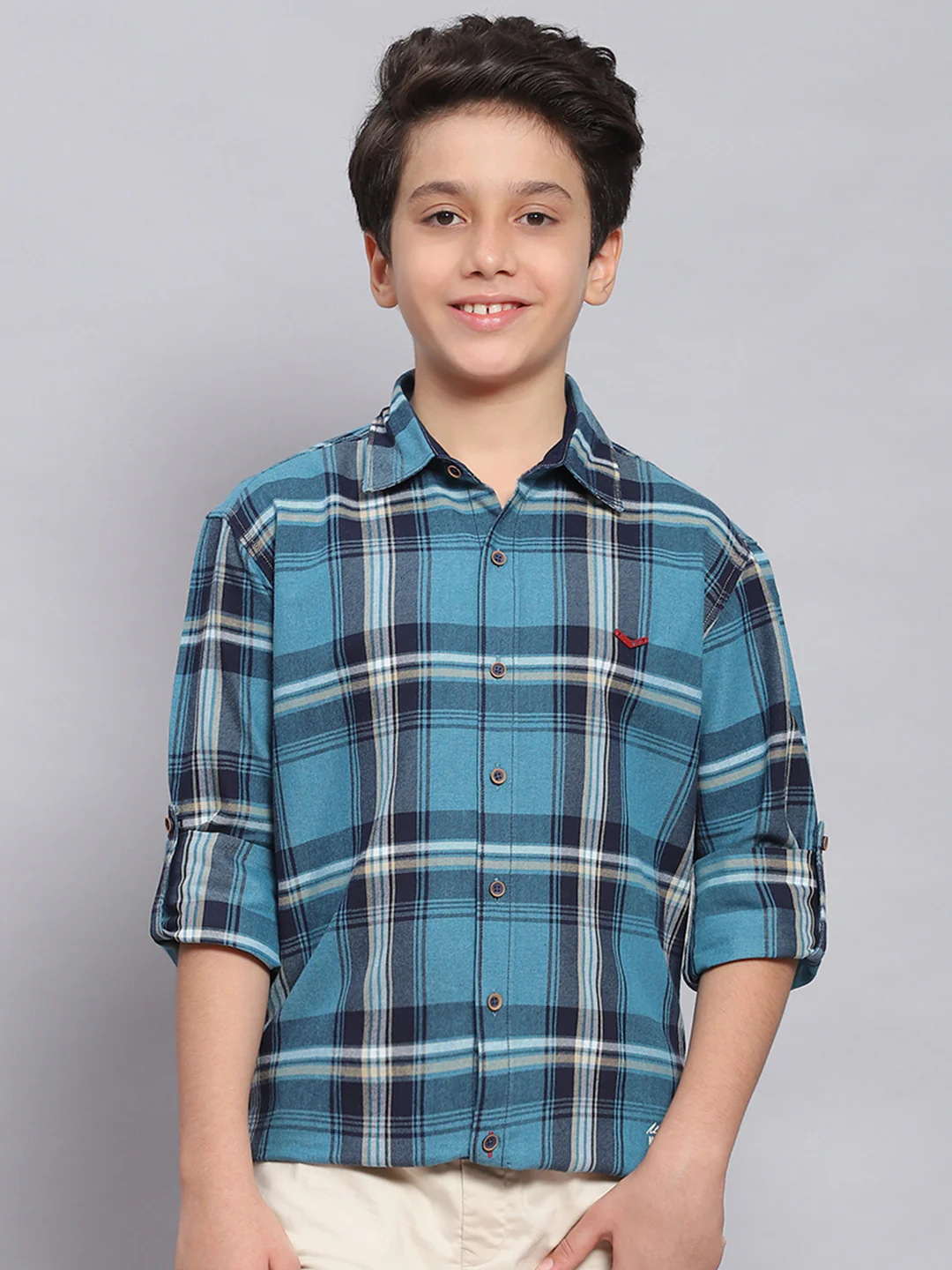 Boys Blue Check Spread Collar Full Sleeve Shirts - Image 2