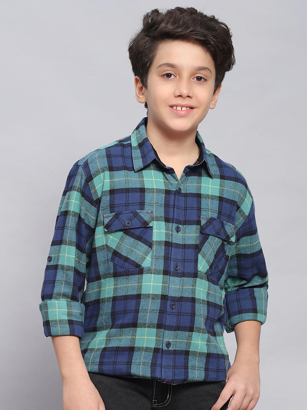 Boys Blue Check Spread Collar Full Sleeve Shirts - Image 2