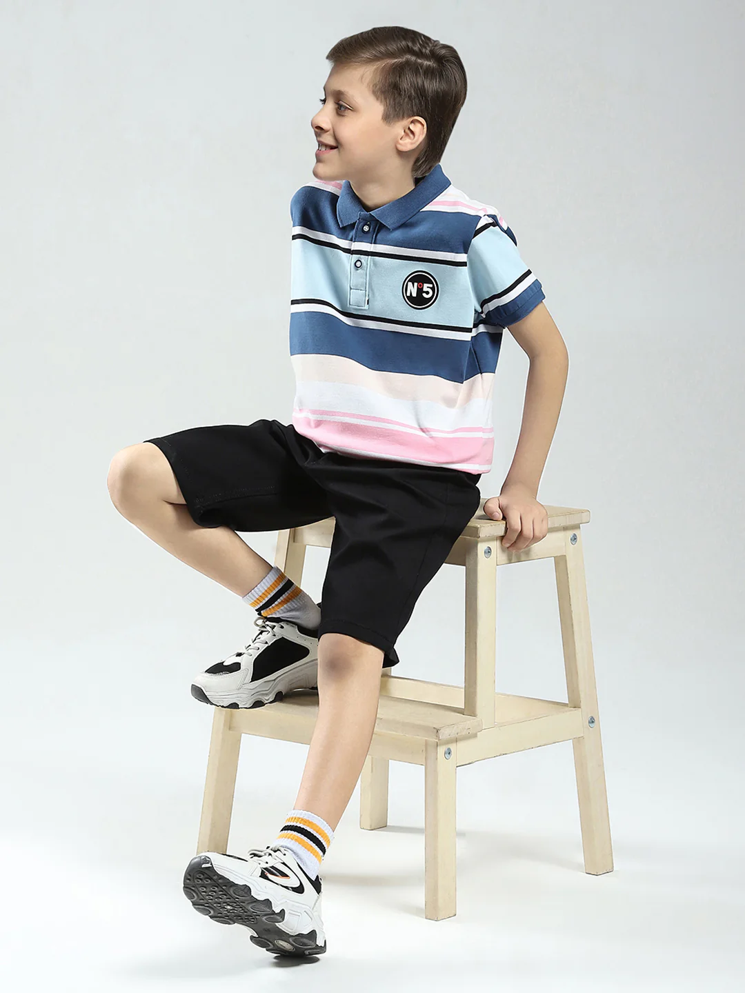 Boys Blue & Pink Stripe Collar Half Sleeve T-Shirt - Image 2