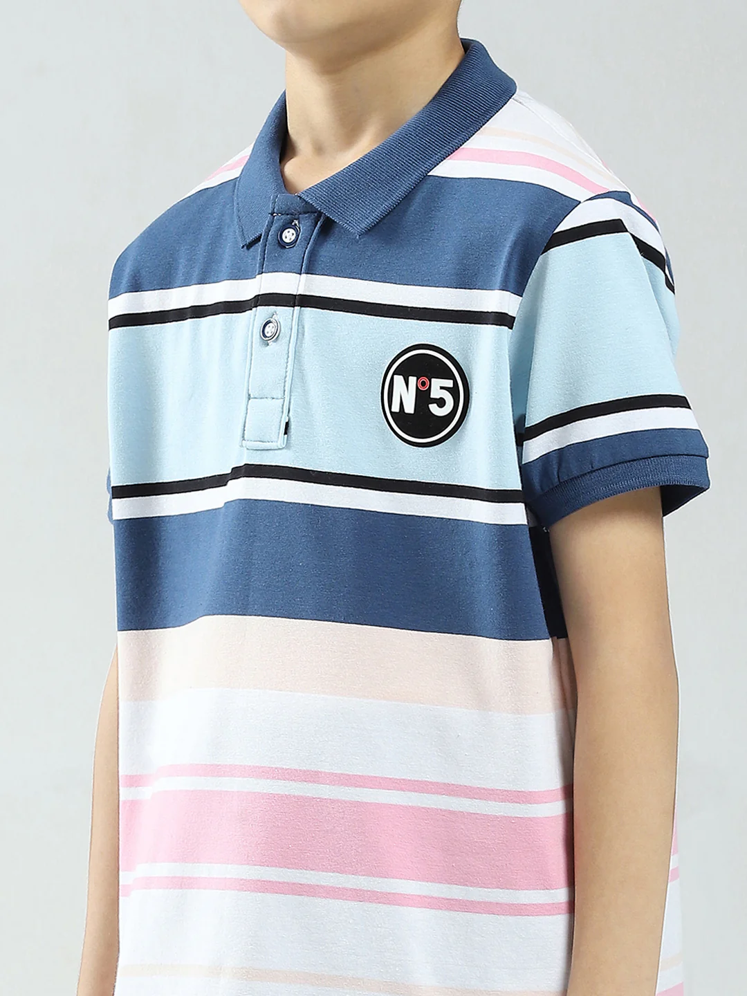 Boys Blue & Pink Stripe Collar Half Sleeve T-Shirt - Image 6