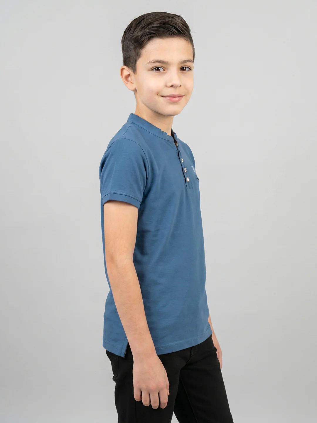 Boys Blue Printed Band Collar Half Sleeve T-Shirt - Image 2