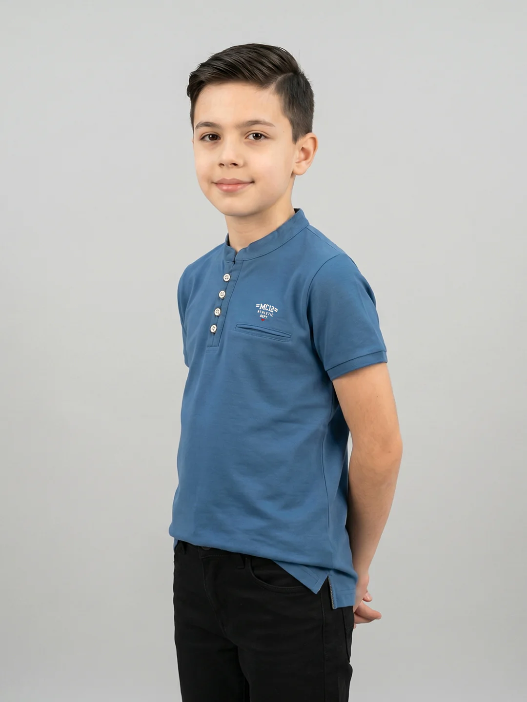 Boys Blue Printed Band Collar Half Sleeve T-Shirt - Image 3