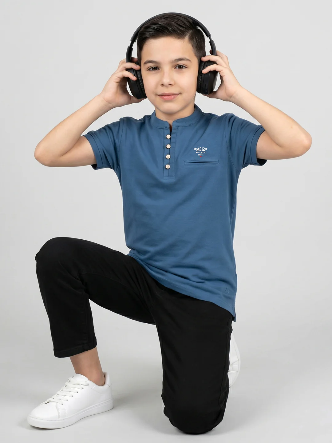 Boys Blue Printed Band Collar Half Sleeve T-Shirt - Image 5