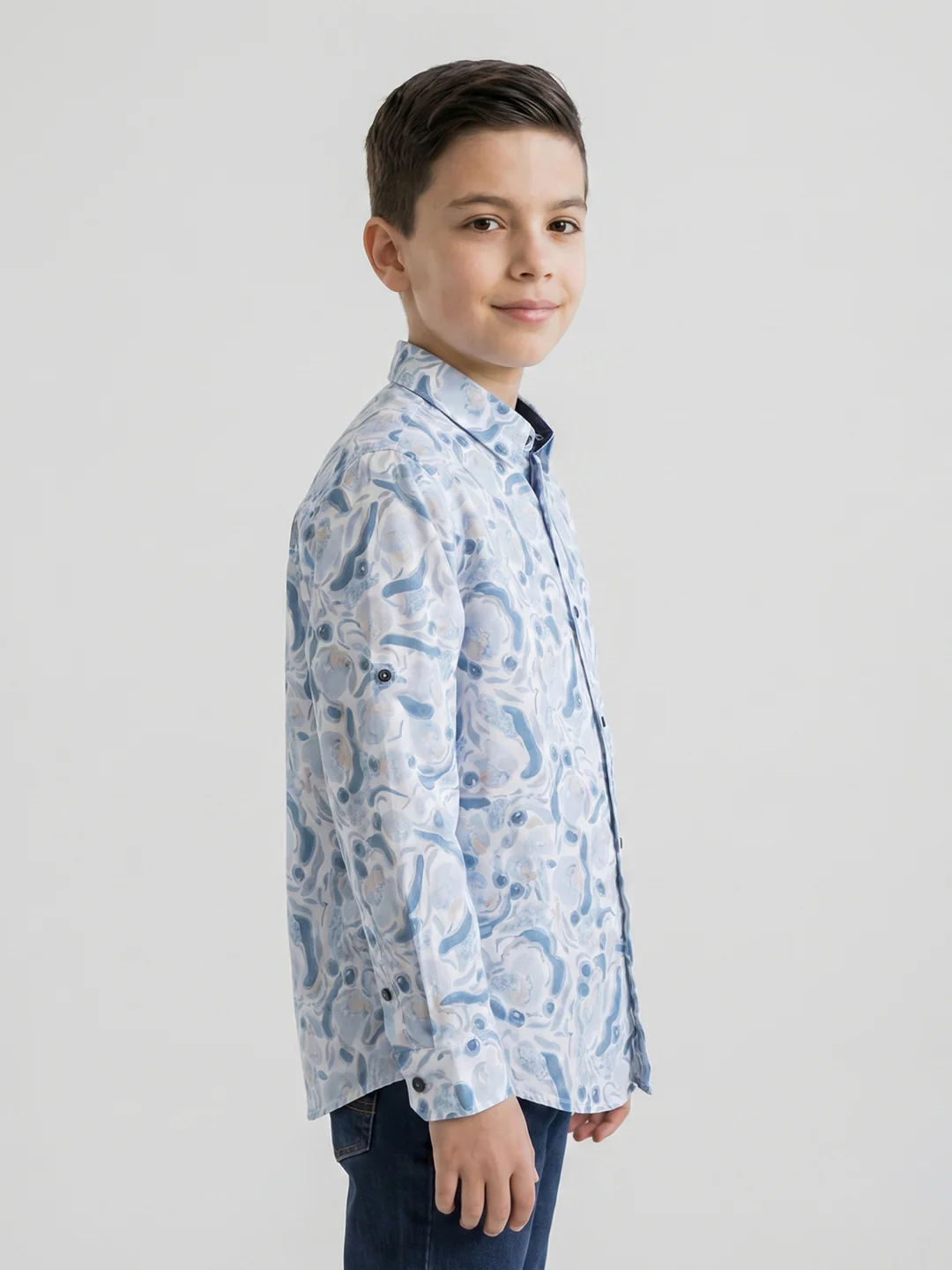 Boys Blue Printed Collar Full Sleeve Shirt - Image 2