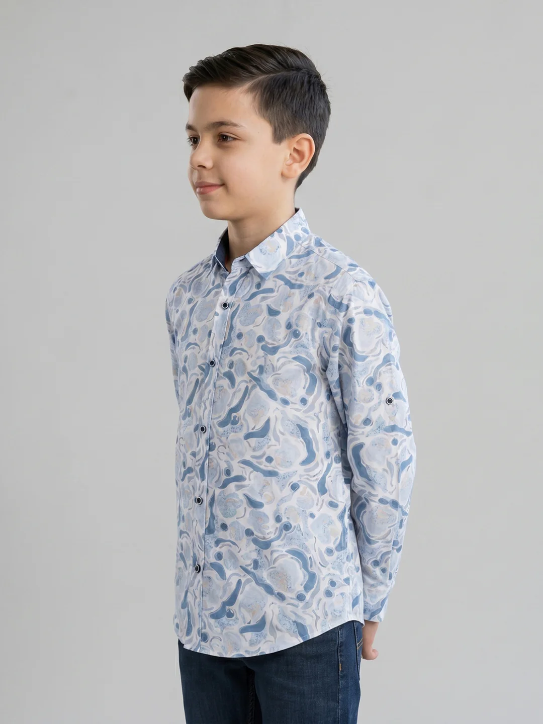 Boys Blue Printed Collar Full Sleeve Shirt - Image 3