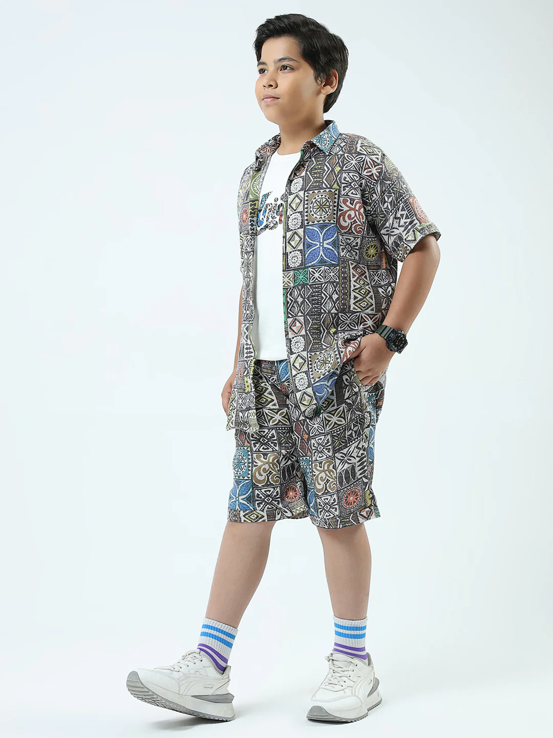 Boys Blue Printed Collar Half Sleeve 3 Pcs Cords Set - Image 3