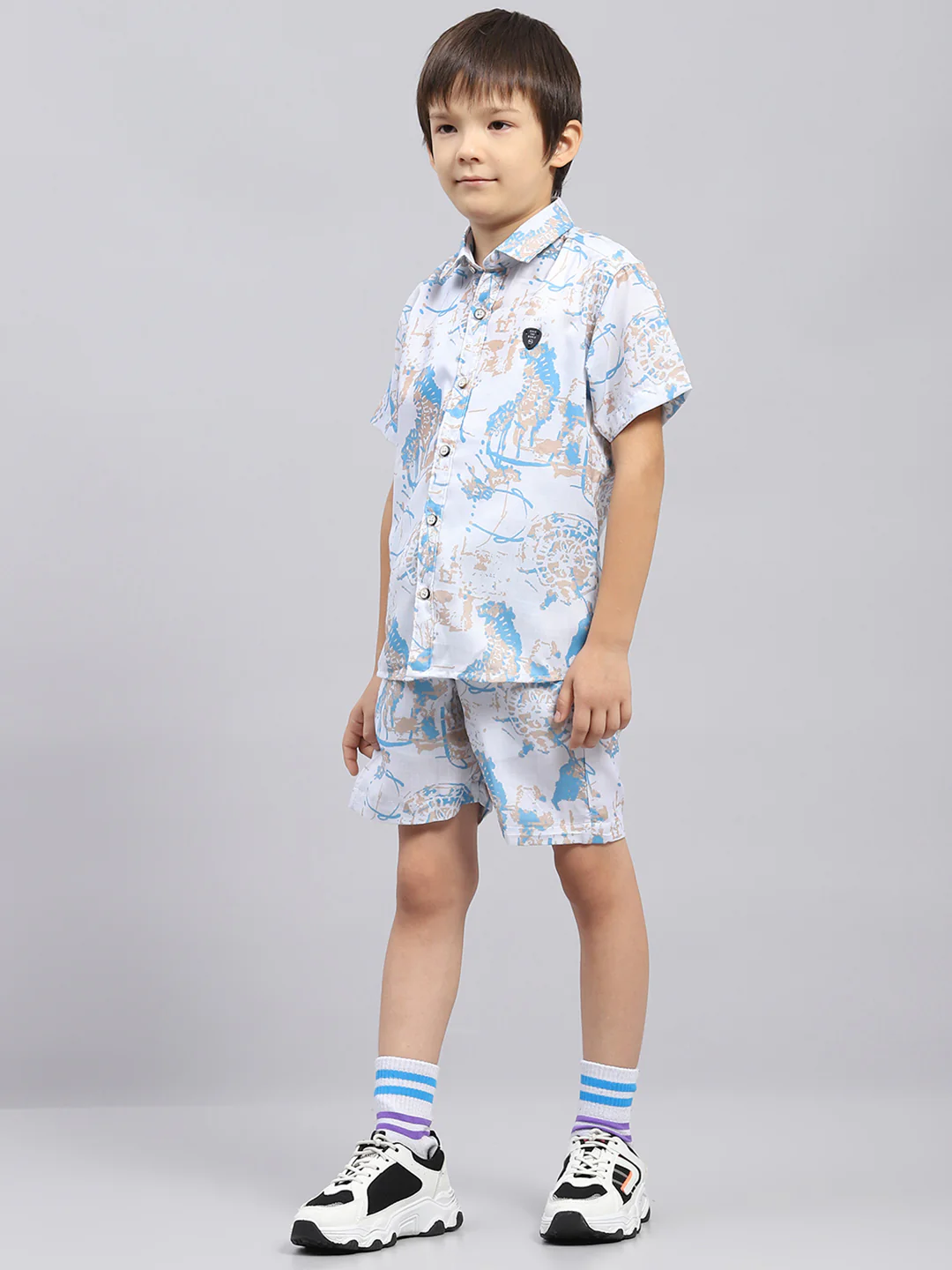Boys Blue Printed Collar Half Sleeve Bermuda Set - Image 3