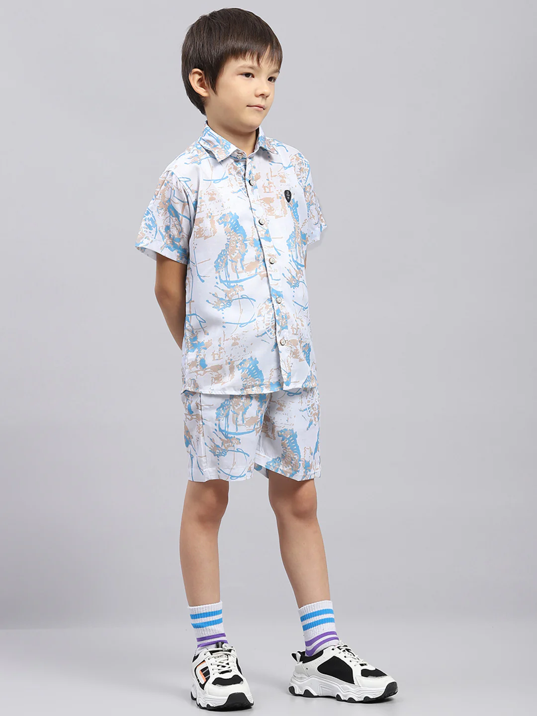 Boys Blue Printed Collar Half Sleeve Bermuda Set - Image 4