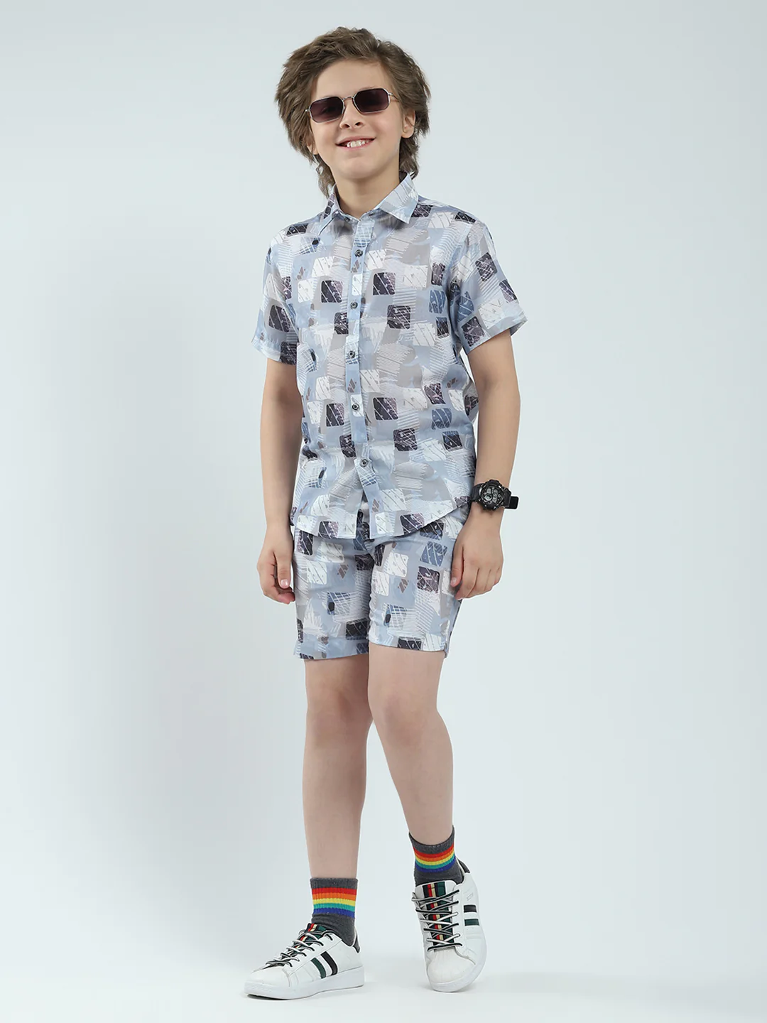 Boys Blue Printed Collar Half Sleeve Bermuda Set - Image 2