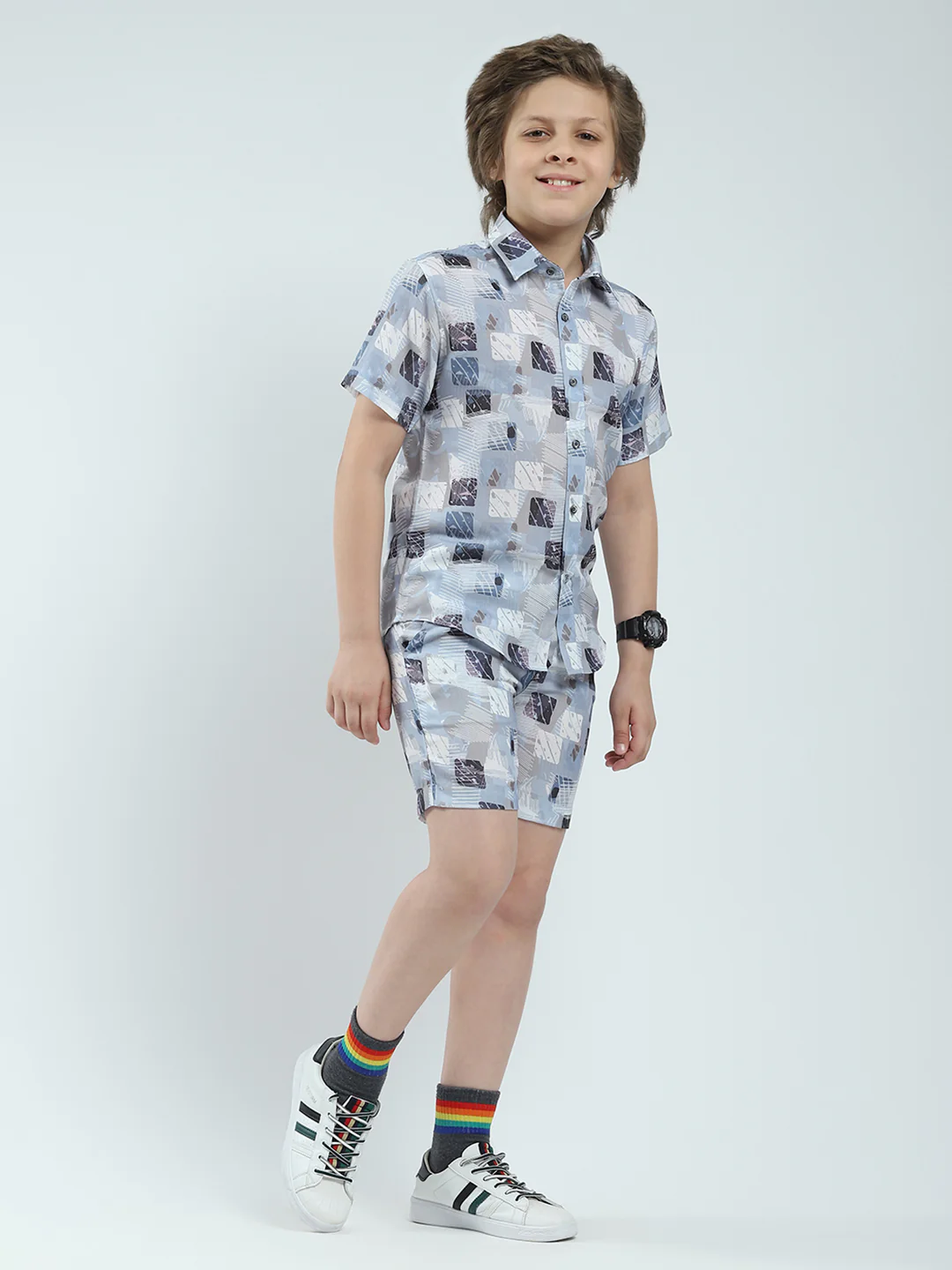 Boys Blue Printed Collar Half Sleeve Bermuda Set - Image 4