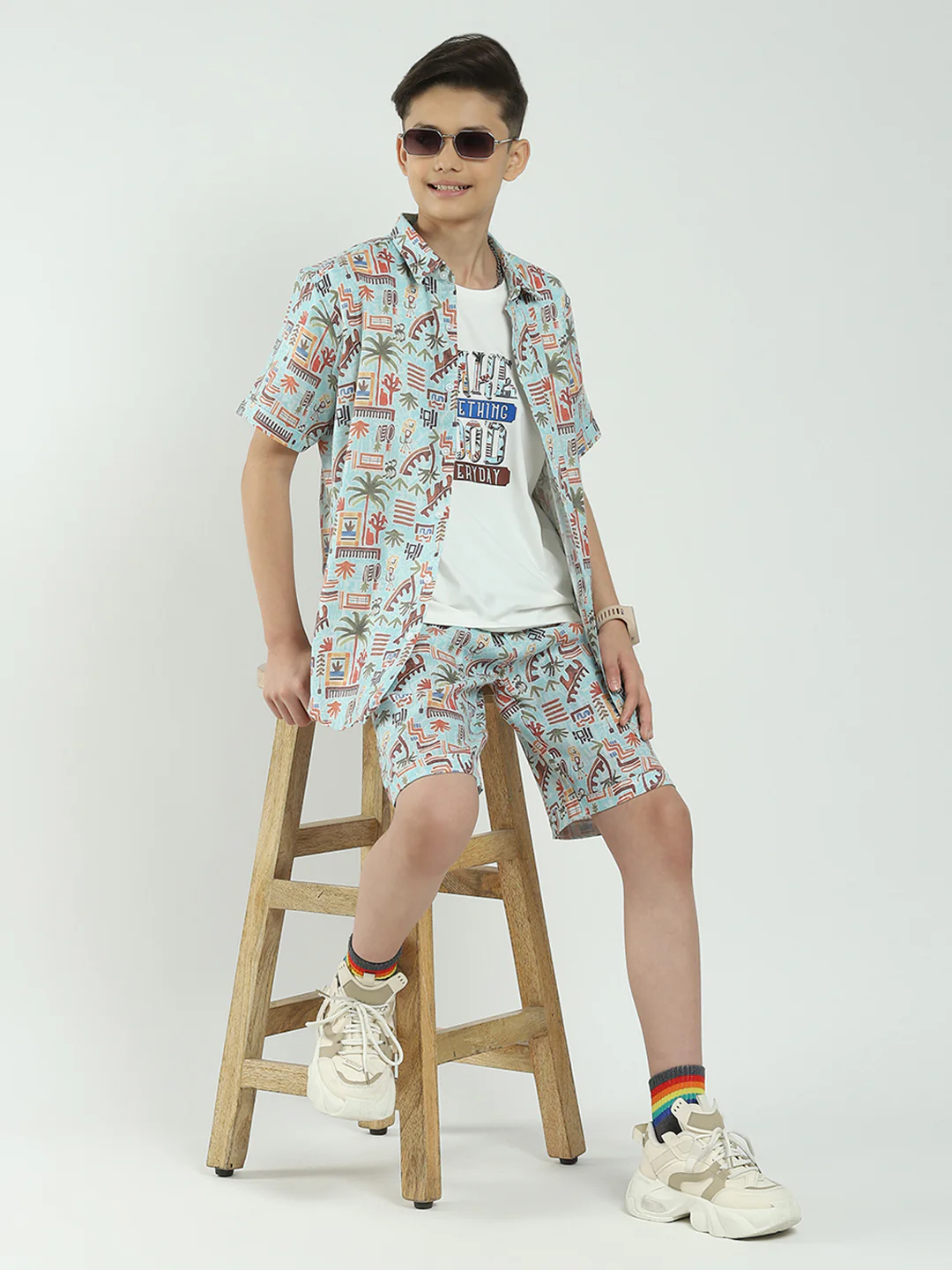 Boys Blue Printed Collar Half Sleeve Cords Set - Image 2