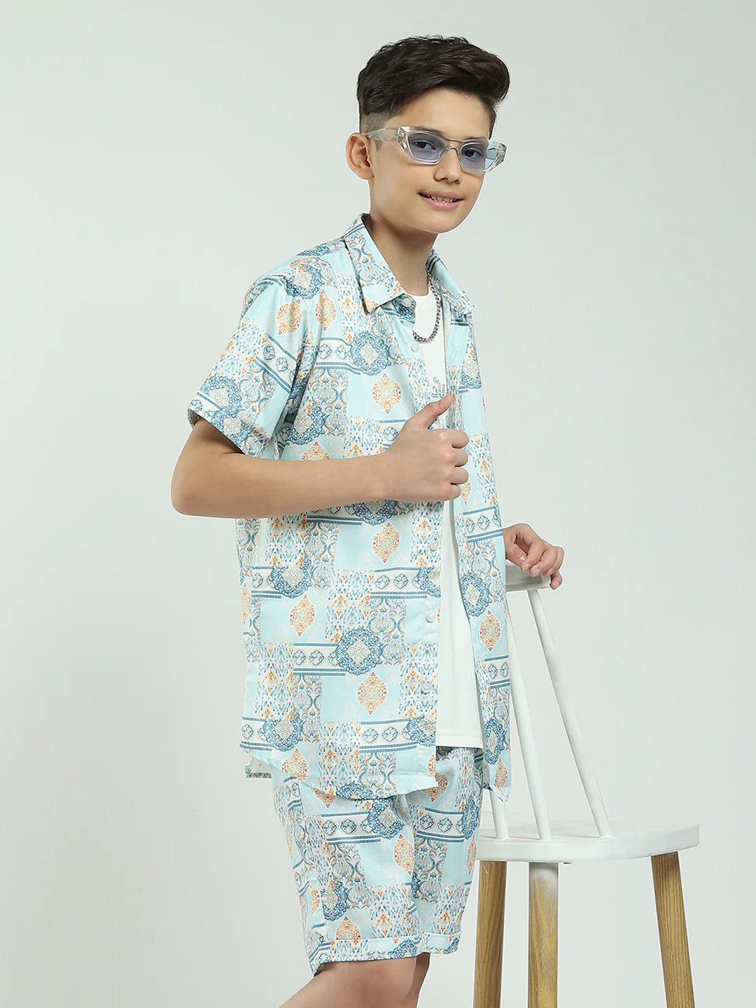 Boys Blue Printed Collar Half Sleeve Cords Set - Image 6