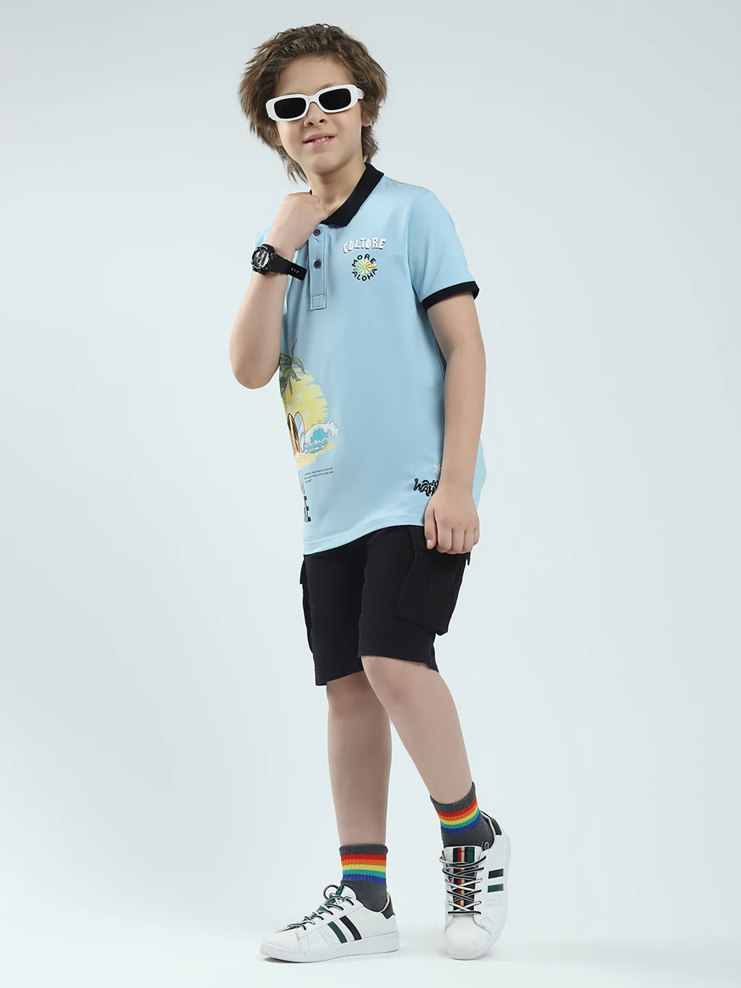 Boys Blue Printed Collar Half Sleeve T-Shirt - Image 2