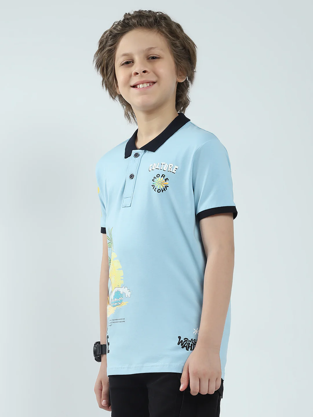Boys Blue Printed Collar Half Sleeve T-Shirt - Image 3