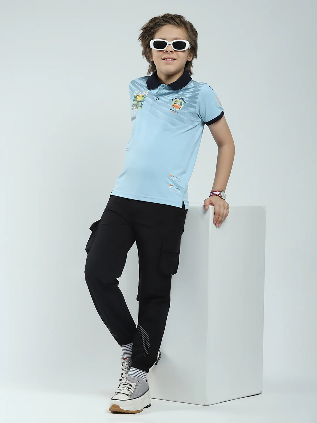Boys Blue Printed Collar Half Sleeve T-Shirt - Image 2