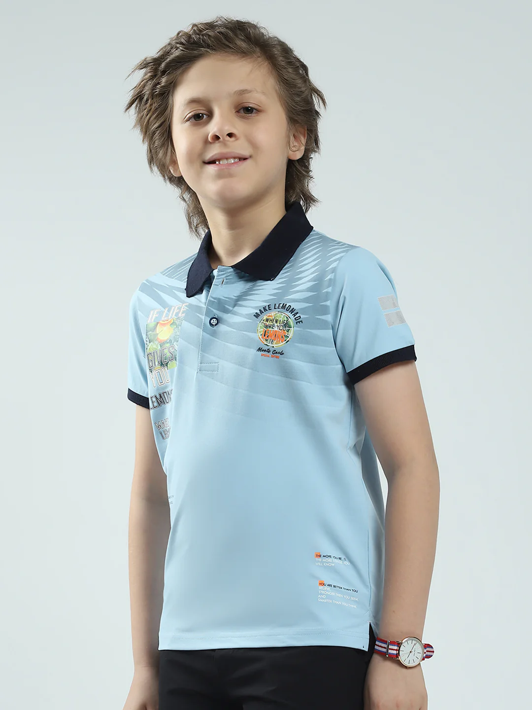 Boys Blue Printed Collar Half Sleeve T-Shirt - Image 3