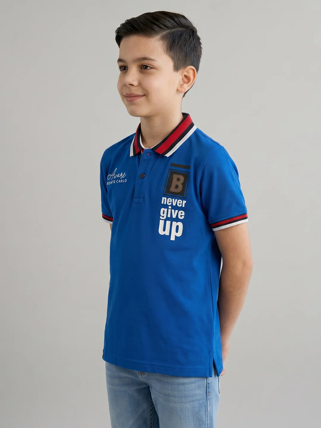 Boys Blue Printed Collar Half Sleeve T-Shirt - Image 3