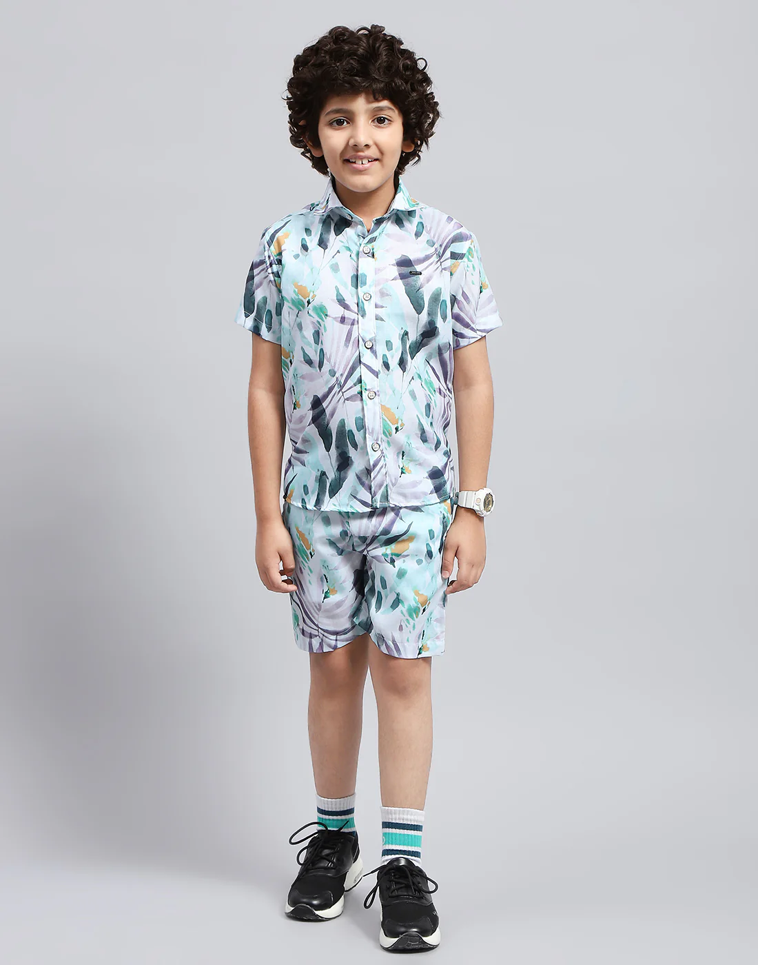 Boys Blue Printed Collar Neck Half Sleeve Bermuda Set - Image 2
